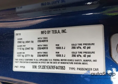 2019 Tesla Model 3 из США, поврежденный, VIN 5YJ3E1EA7KF447063